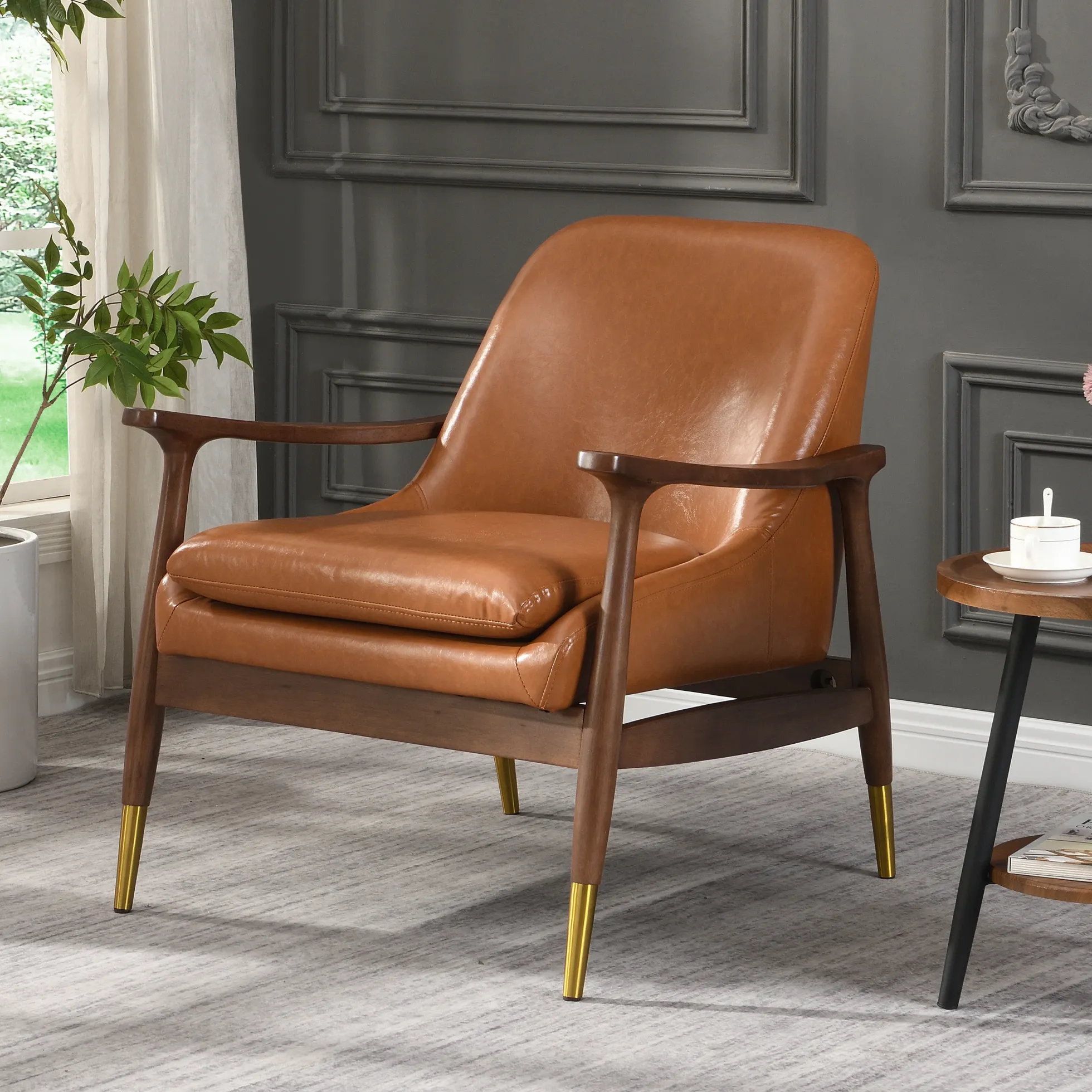 Mid-Century Faux Leather Accent Chair with Solid Wood Frame