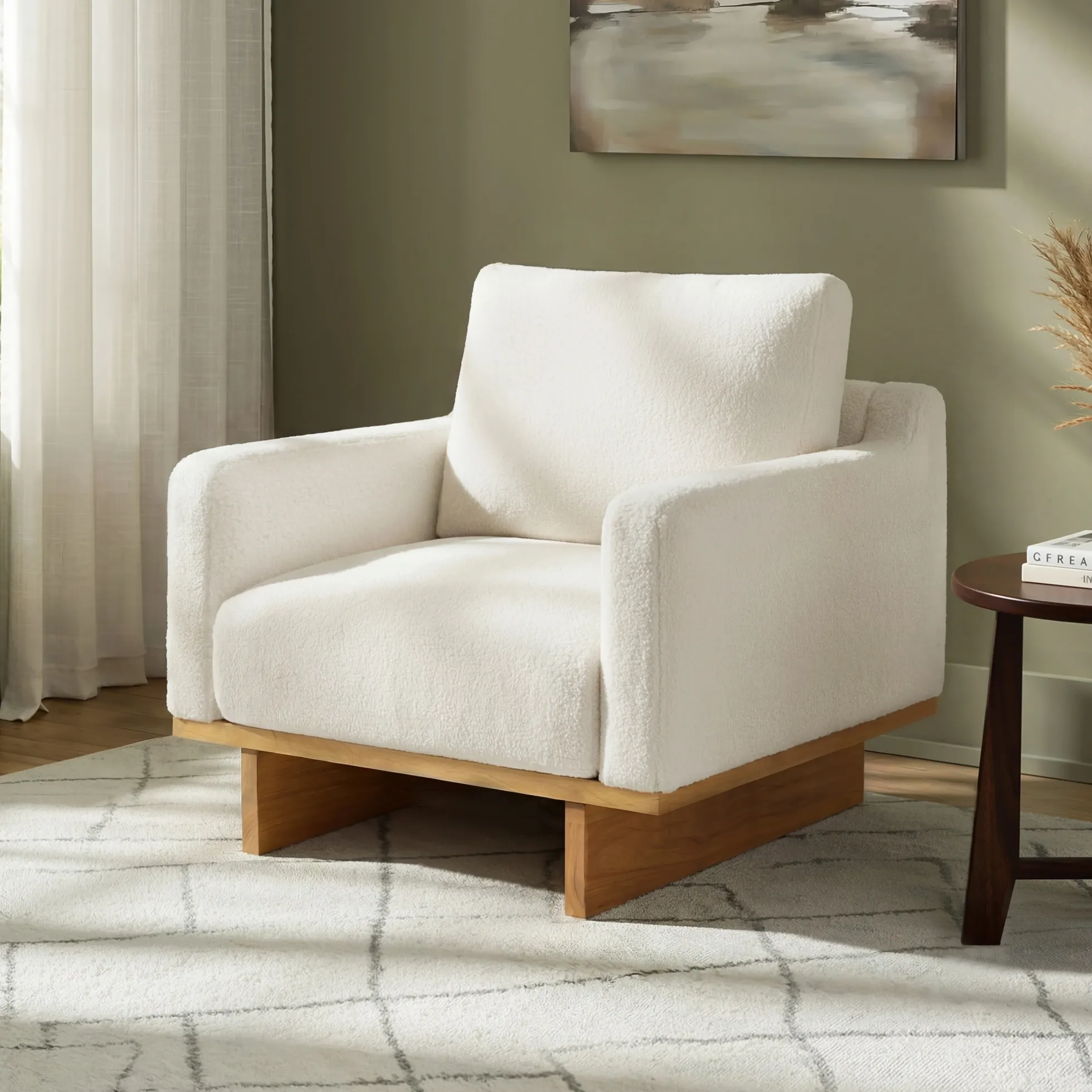 Mid-Century Modern White Minimalist Accent Chair with Solid Wood Frame