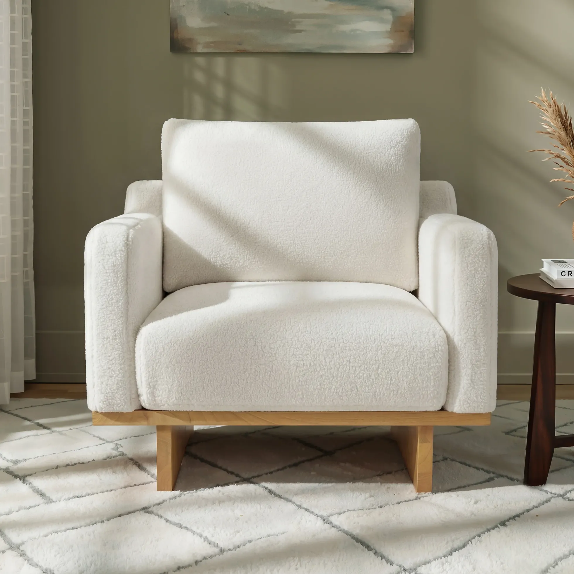 Mid-Century Modern White Minimalist Accent Chair with Solid Wood Frame