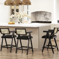 Milan 25.5' Modern Resin Webbing Back Boucle Bar Stool with Arms, Set of 3