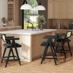 Milan 25.5' Modern Resin Webbing Back Boucle Bar Stool with Arms, Set of 3