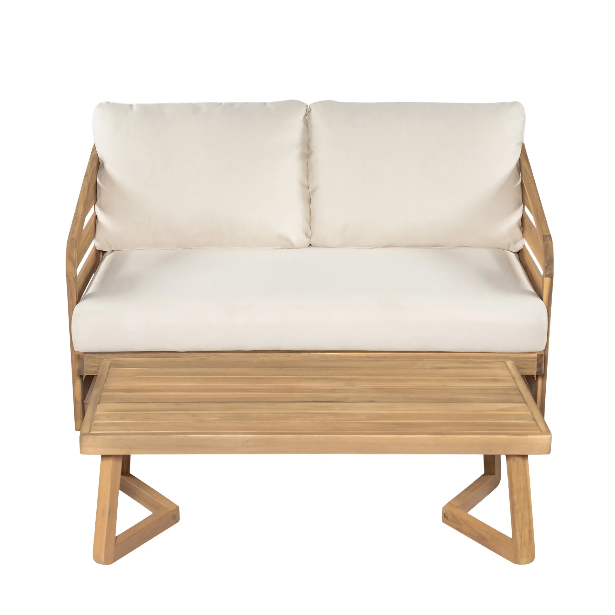 Minimalist Acacia Wood Outdoor Patio Loveseat and Coffee Table Set