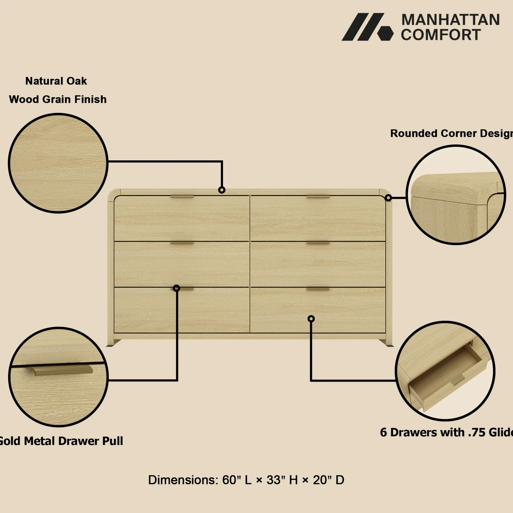 Minimalist Curve Design 6 Drawer Dresser