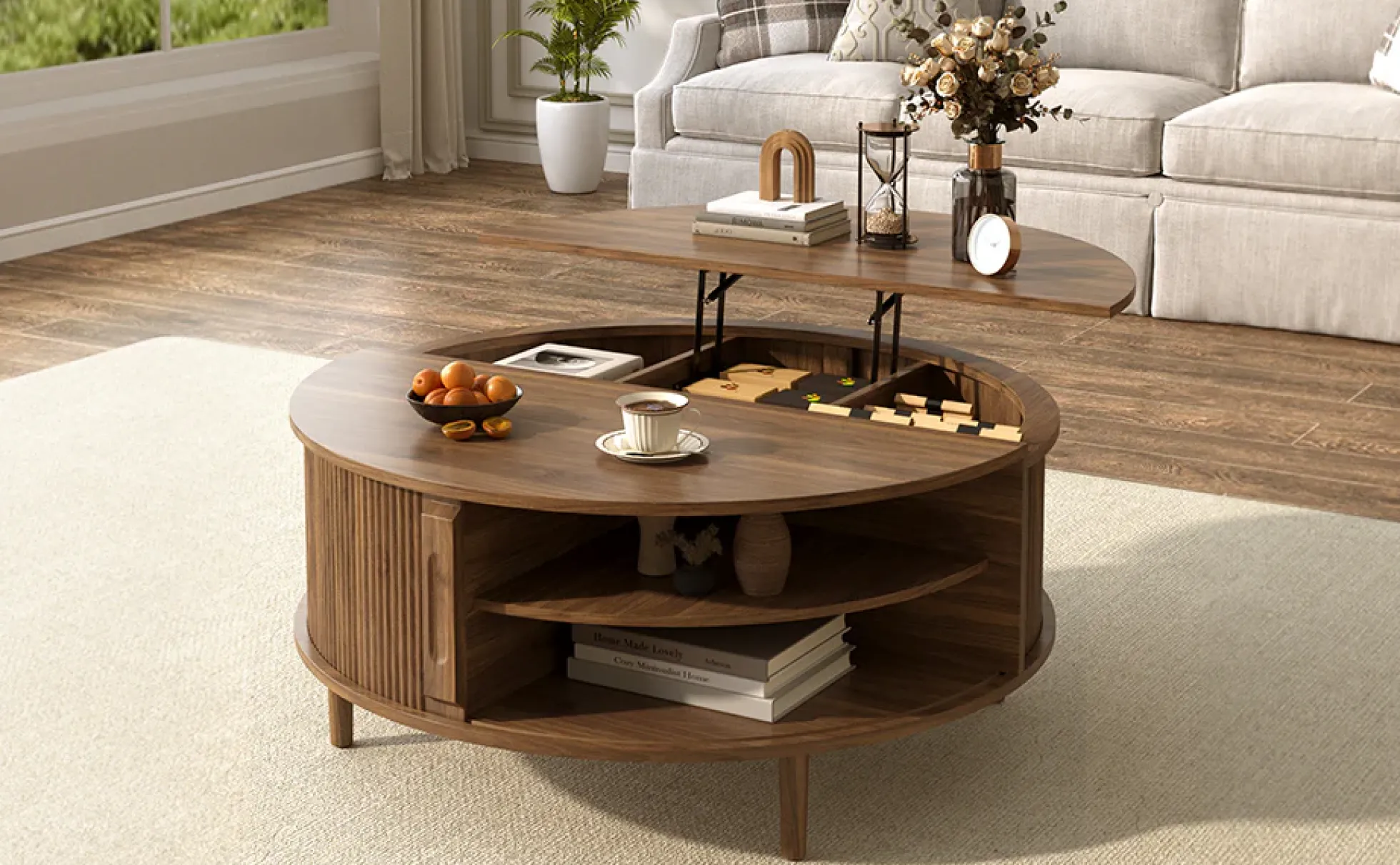 Minimalist Round Lift-Top Coffee Table with Hidden Storage