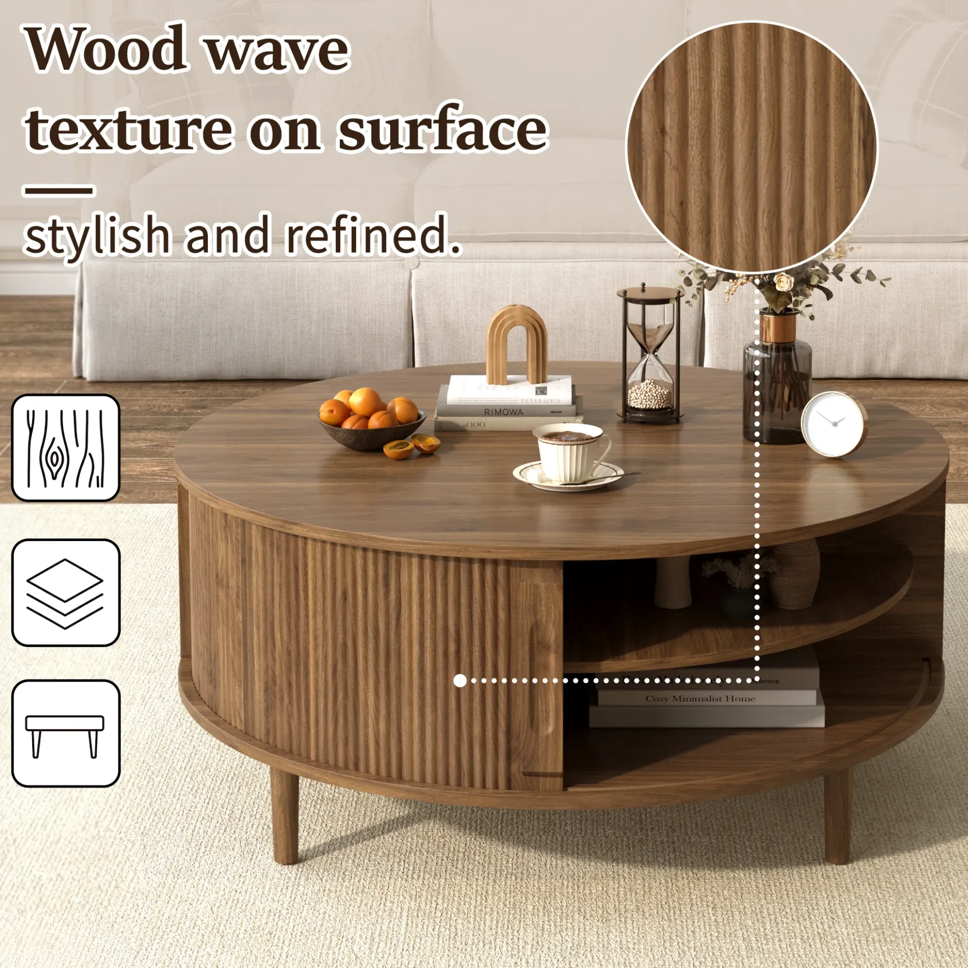 Minimalist Round Lift-Top Coffee Table with Hidden Storage