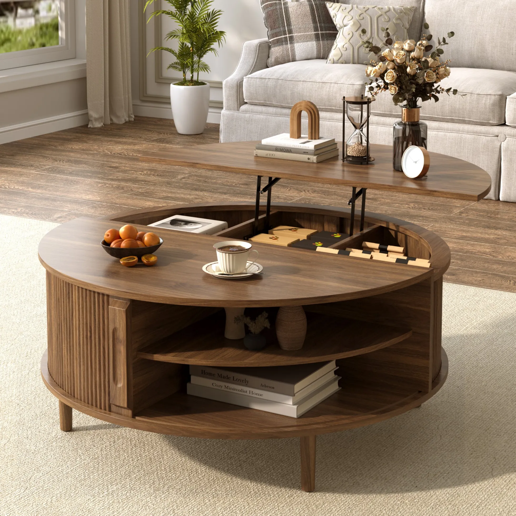 Minimalist Round Lift-Top Coffee Table with Hidden Storage