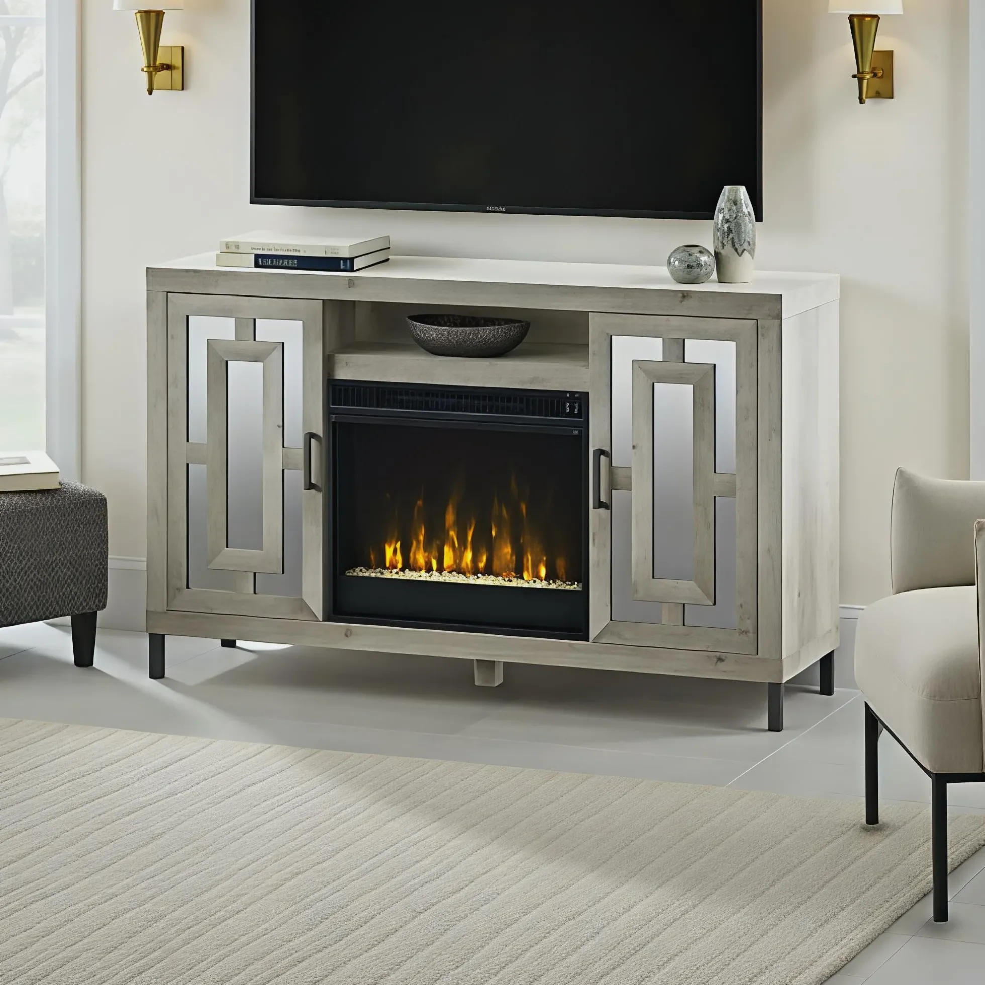 Mirrored Cabinet Door with 23" Electric Fireplace TV Stand Media Console