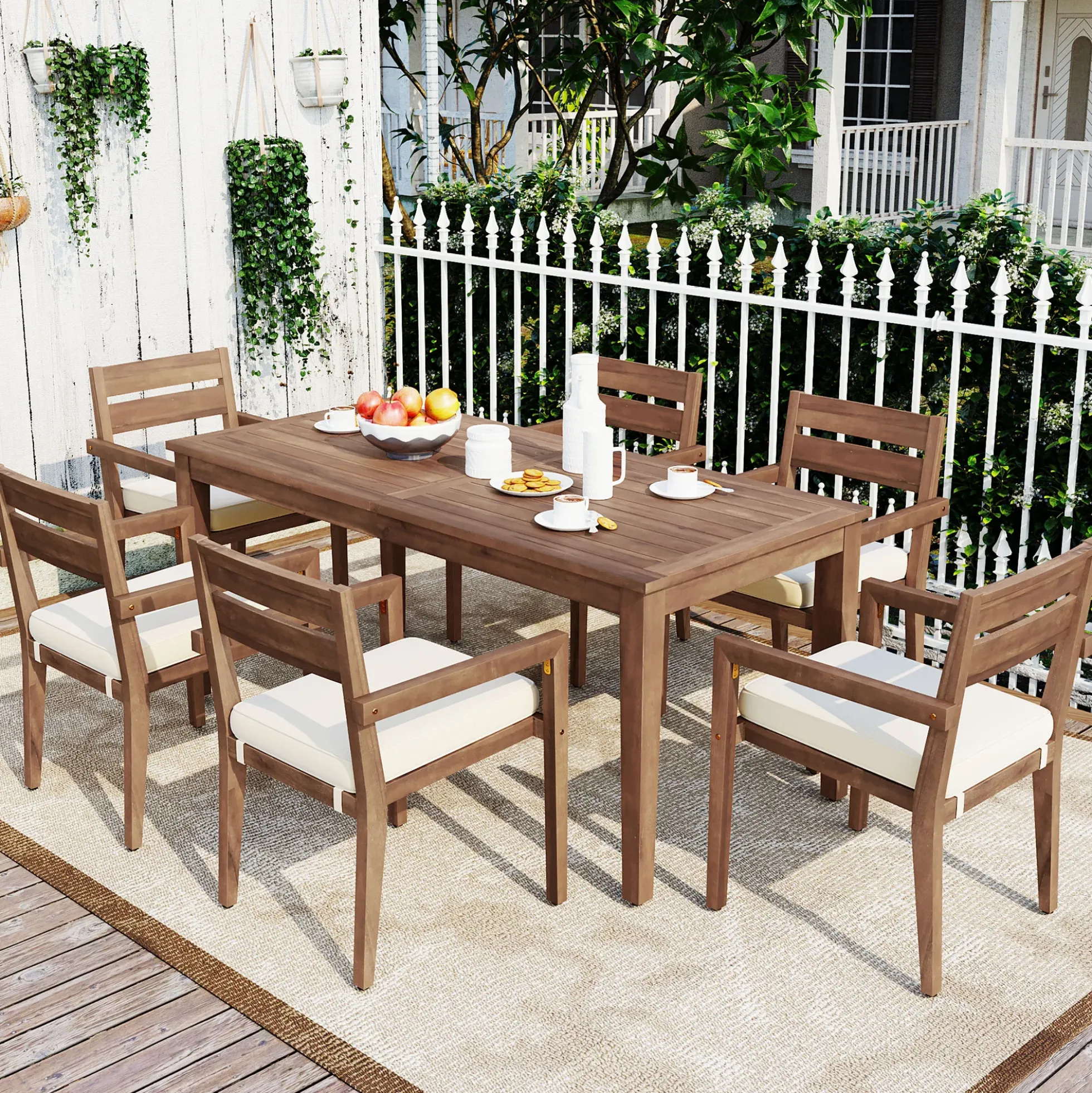 Modern 7 Pieces Acacia Wood Outdoor Full Dining Set with Chair Cushions