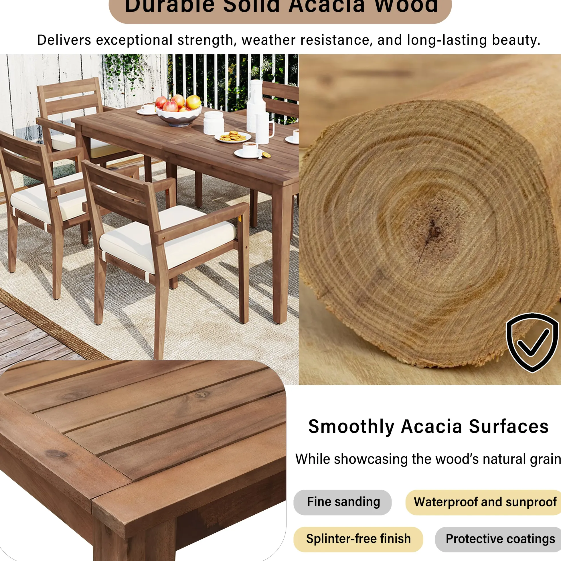 Modern 7 Pieces Acacia Wood Outdoor Full Dining Set with Chair Cushions