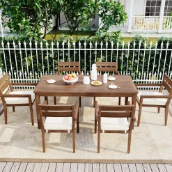 Modern 7 Pieces Acacia Wood Outdoor Full Dining Set with Chair Cushions