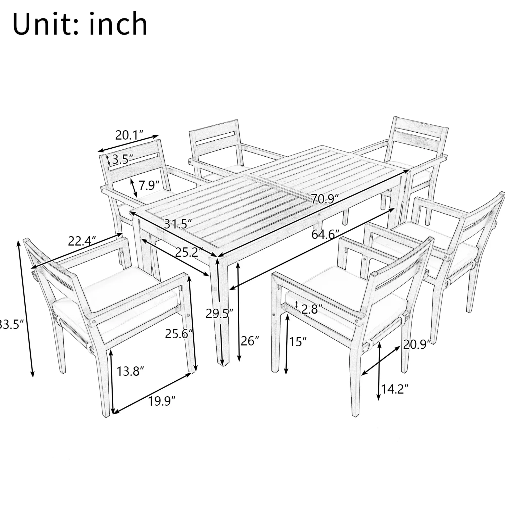 Modern 7 Pieces Acacia Wood Outdoor Full Dining Set with Chair Cushions
