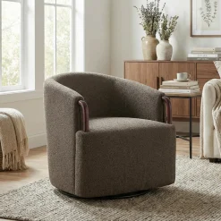 Modern Boucle Swivel Barrel Chair with Solid Wood Accents