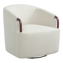 Modern Boucle Swivel Barrel Chair with Solid Wood Accents