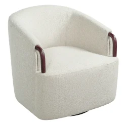 Modern Boucle Swivel Barrel Chair with Solid Wood Accents