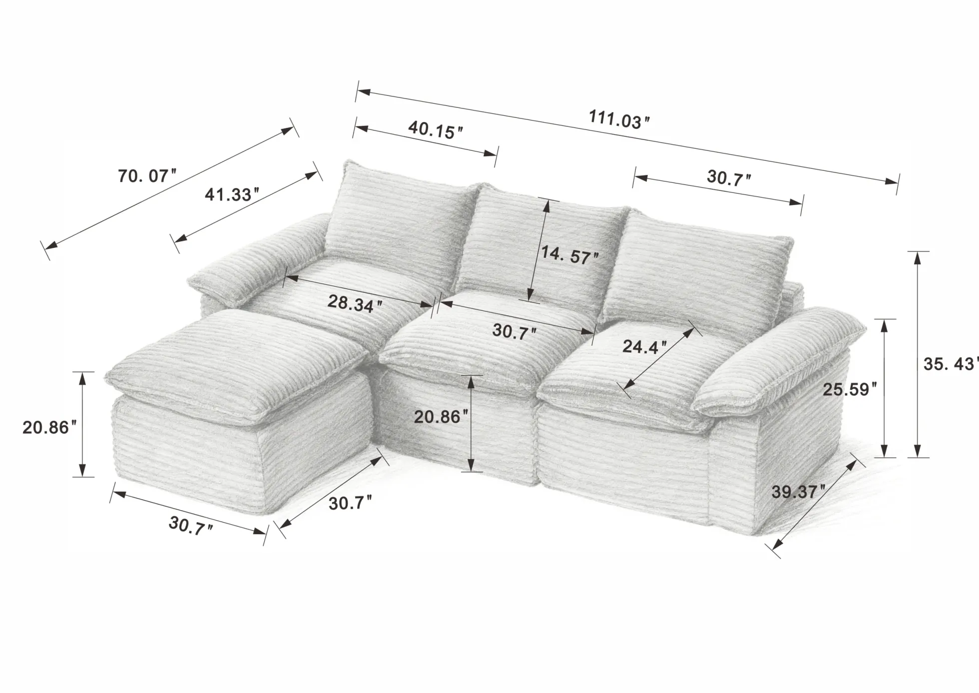 Modern Cloud Corduroy Modular Sectional Sofa w Ottoman