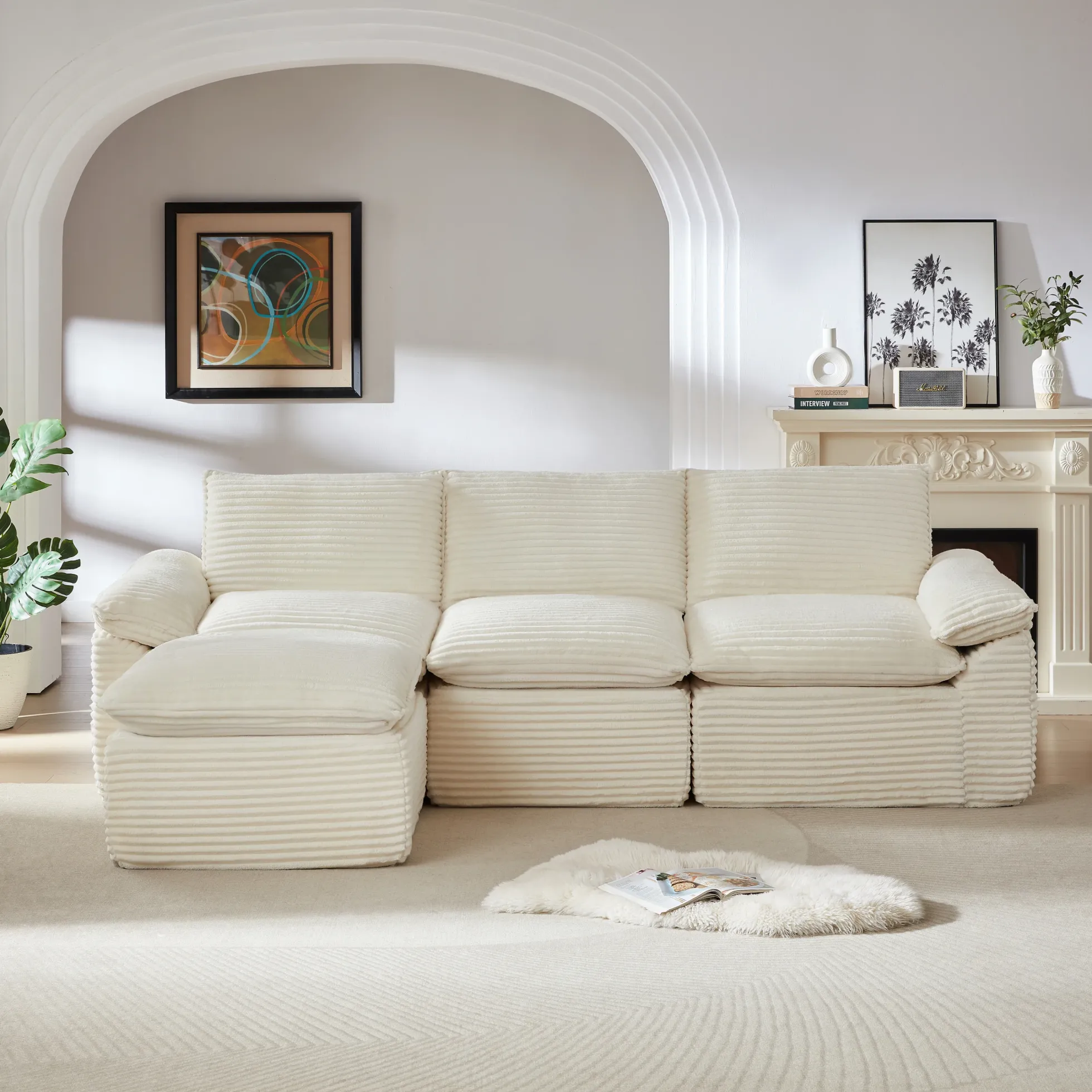 Modern Cloud Corduroy Modular Sectional Sofa w Ottoman