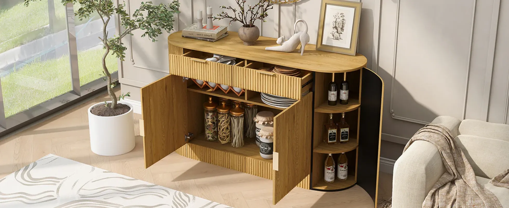 Modern Curve Design Fluted Storage Accent Cabinet / Sideboard