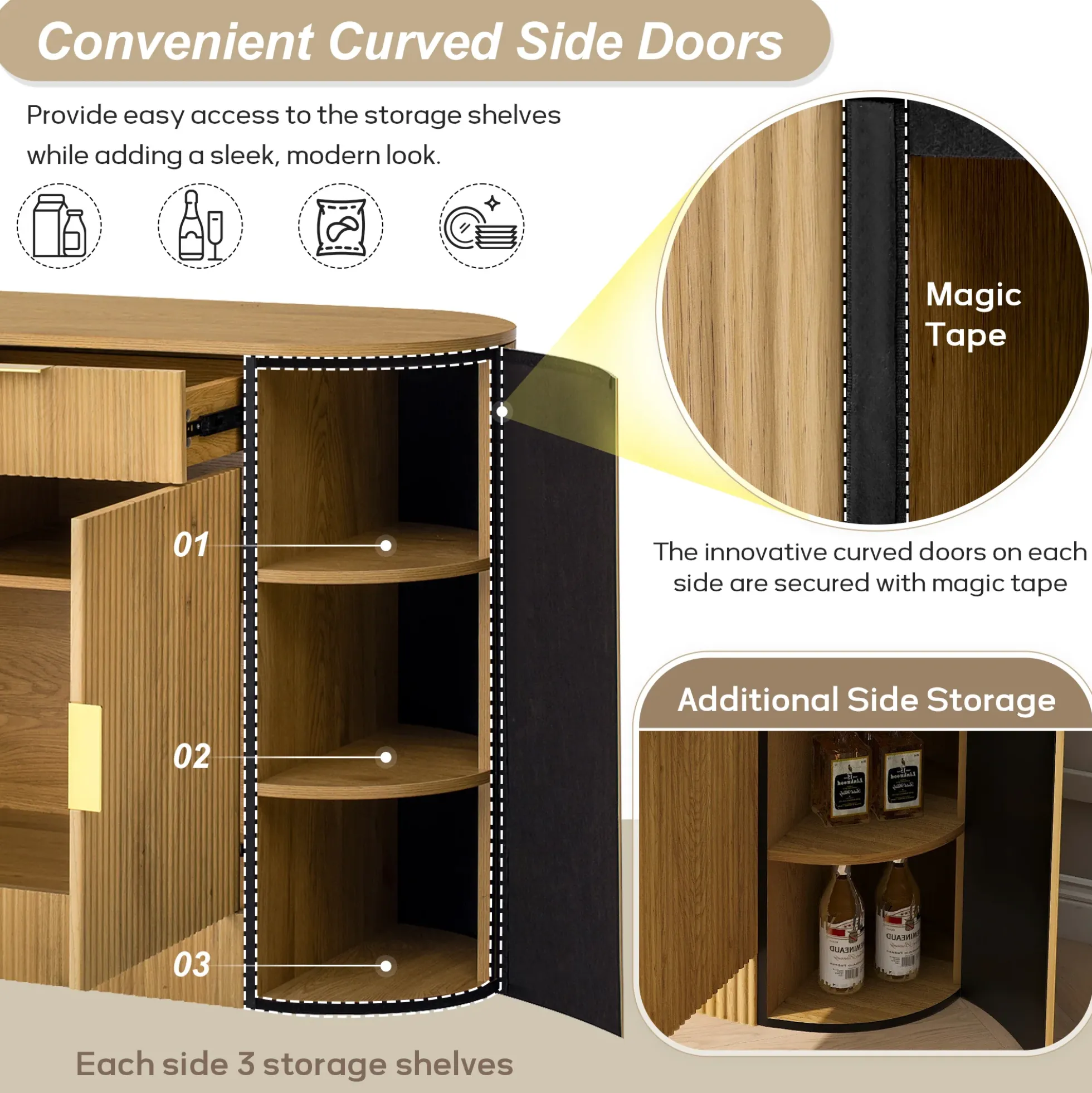 Modern Curve Design Fluted Storage Accent Cabinet / Sideboard