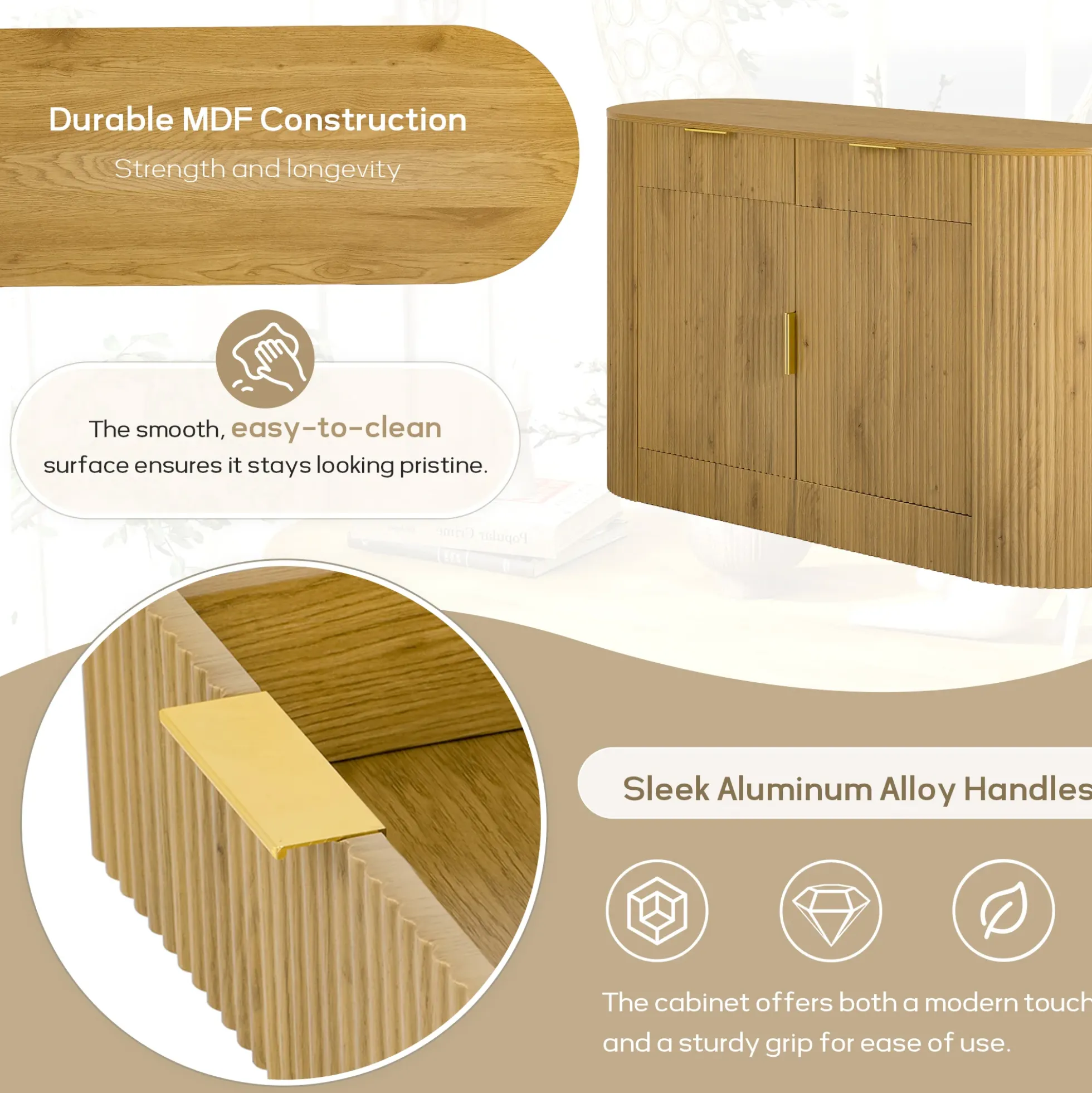 Modern Curve Design Fluted Storage Accent Cabinet / Sideboard
