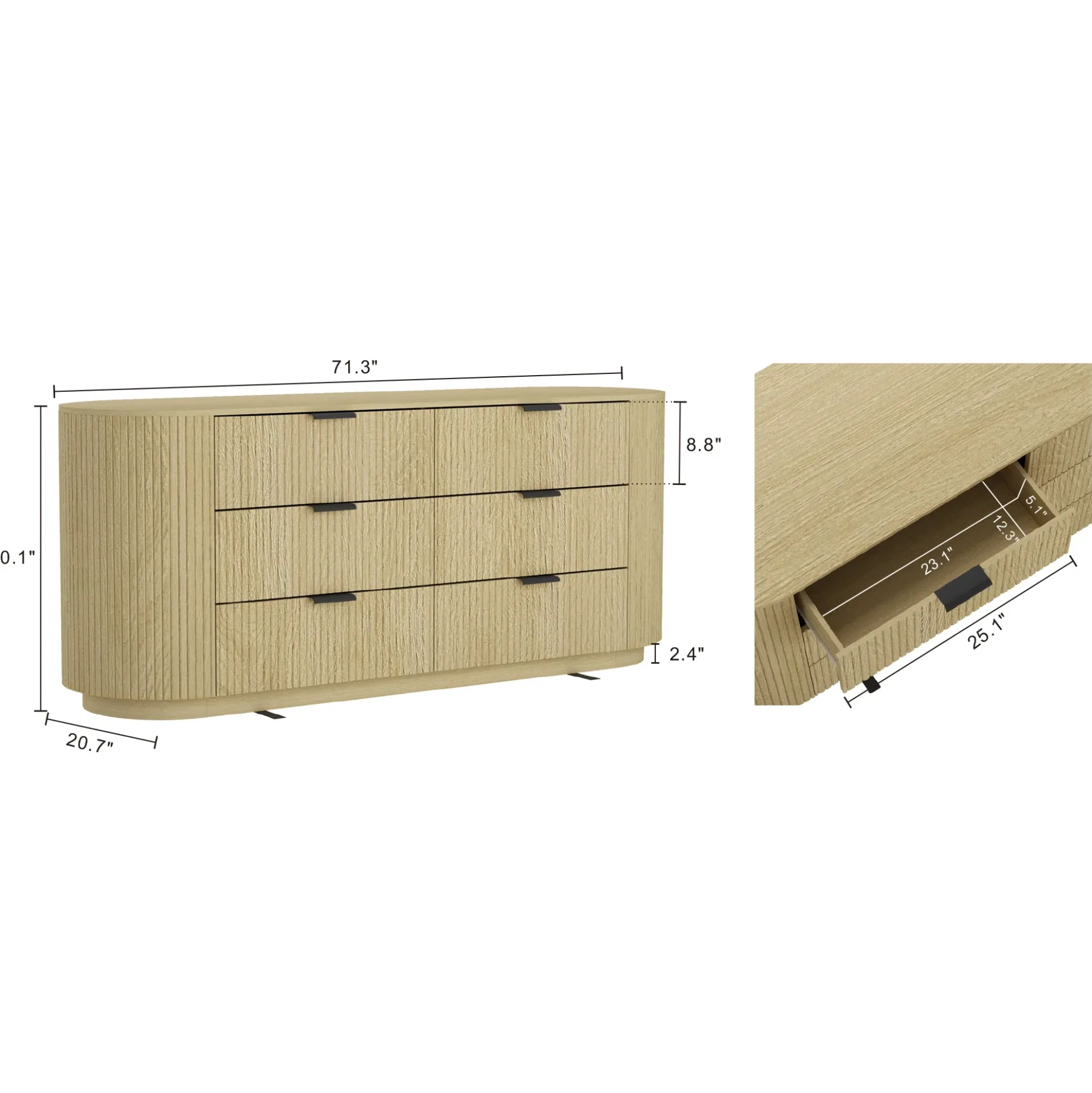 Modern Curve Fluted 71" 6 Drawer Dresser