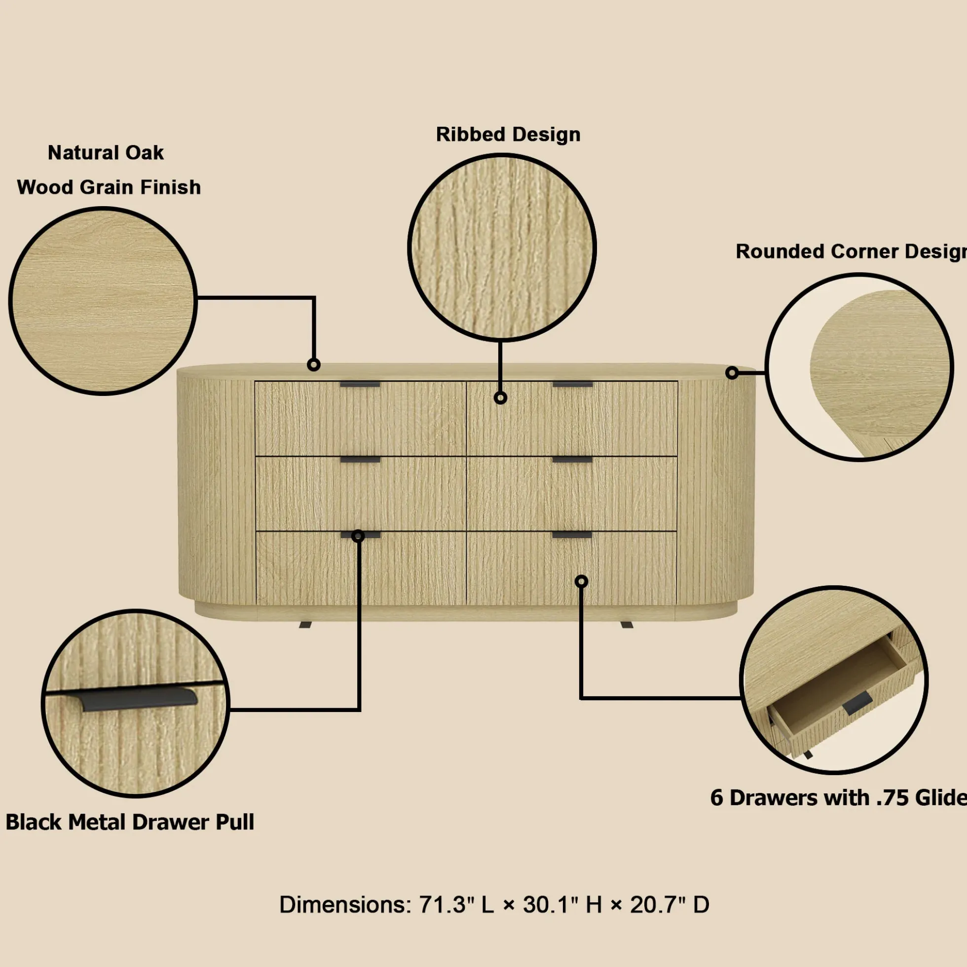 Modern Curve Fluted 71" 6 Drawer Dresser