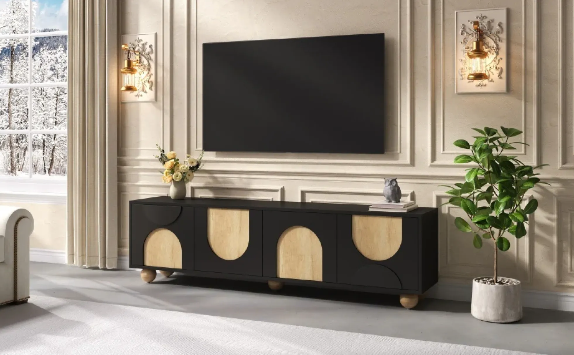 Modern Curve Shape Two Tone 69.6' TV Stand with Ball Feet Detail