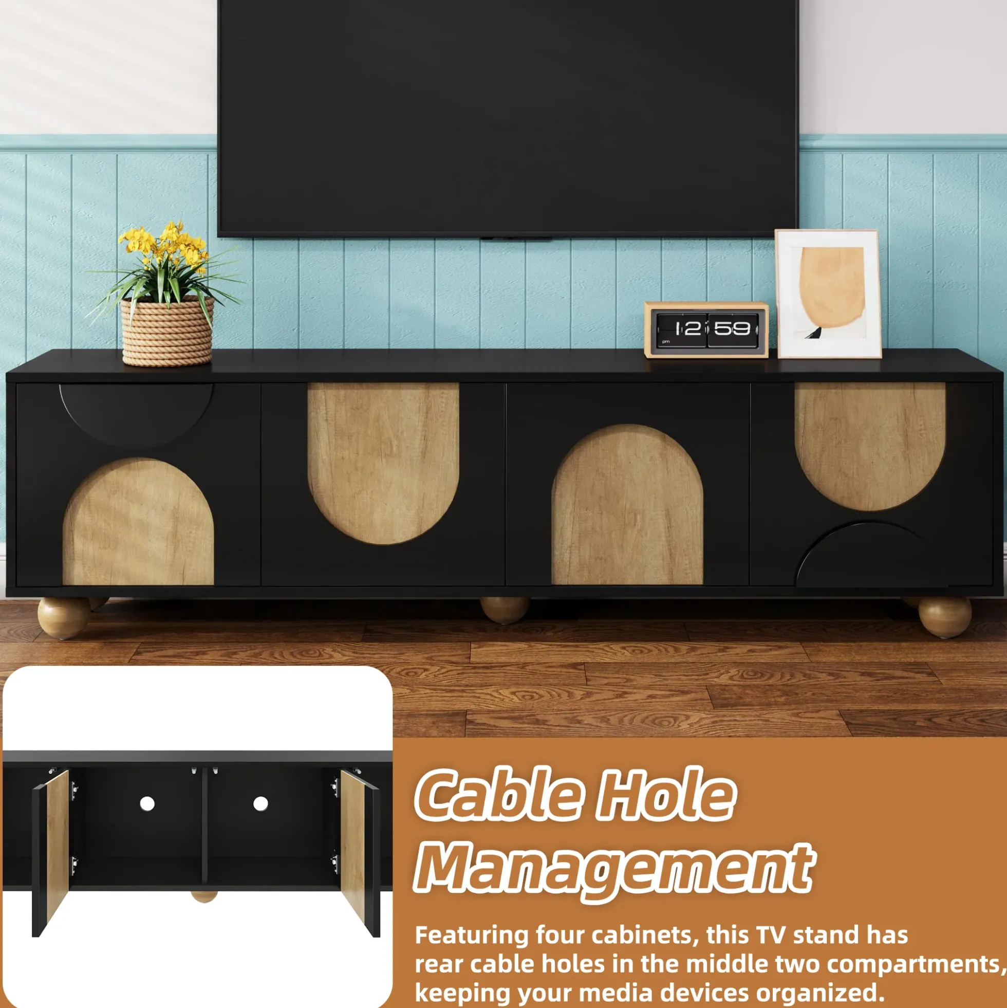 Modern Curve Shape Two Tone 69.6' TV Stand with Ball Feet Detail