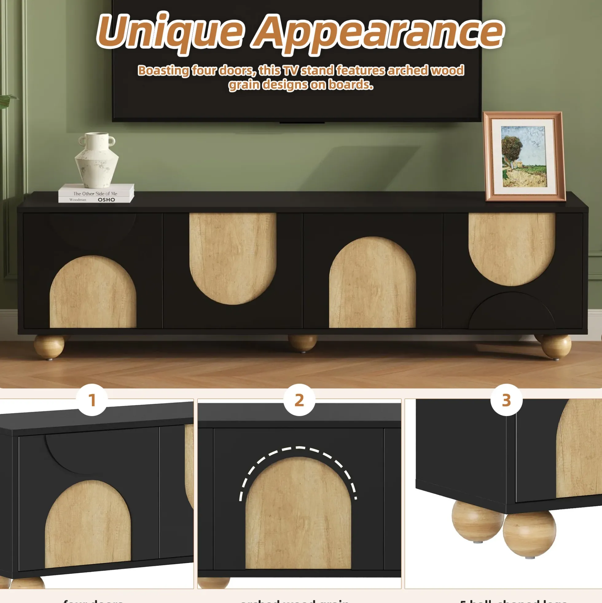 Modern Curve Shape Two Tone 69.6' TV Stand with Ball Feet Detail