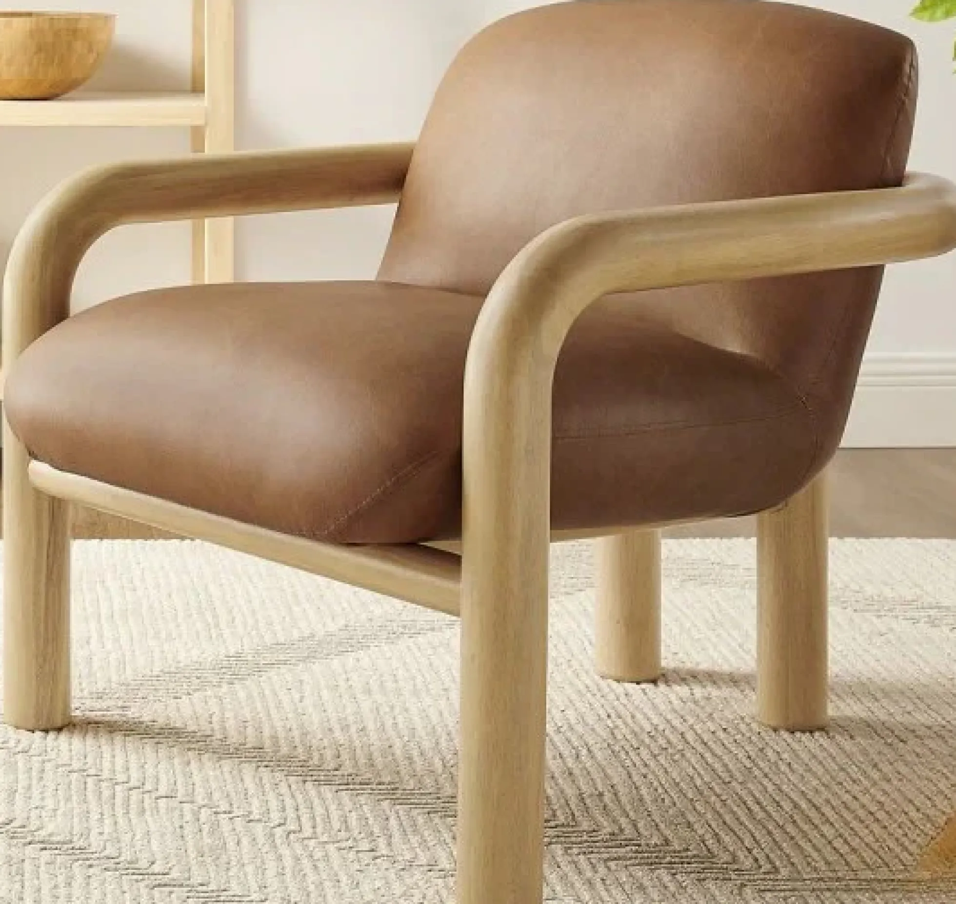 Modern Curve Wood Frame Faux Leather Accent Chair
