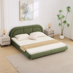 Modern Curved Upholstered Low Profile Platform King Size Bed