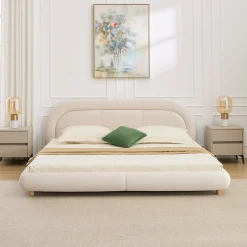 Modern Curved Upholstered Low Profile Platform King Size Bed