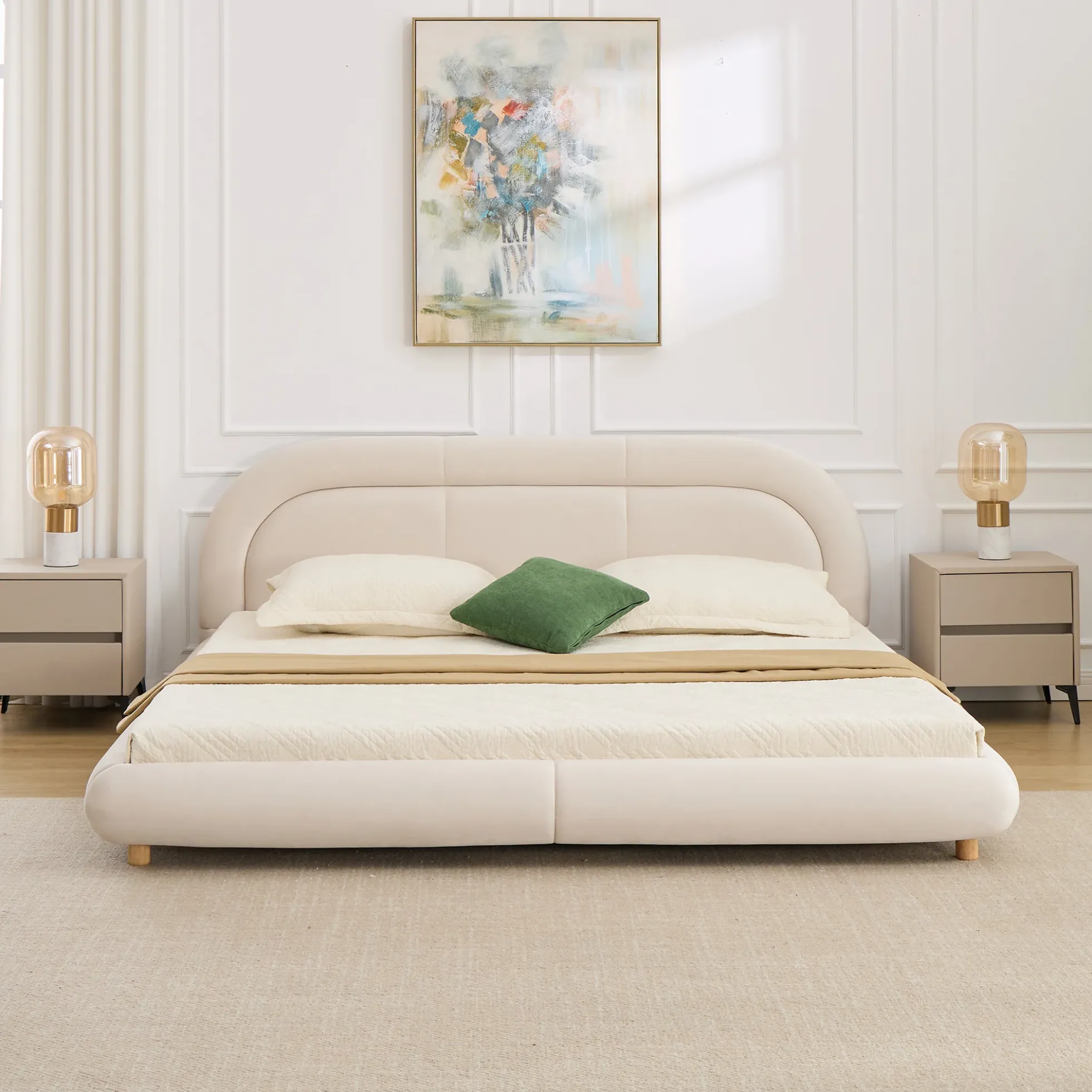 Modern Curved Upholstered Low Profile Platform King Size Bed