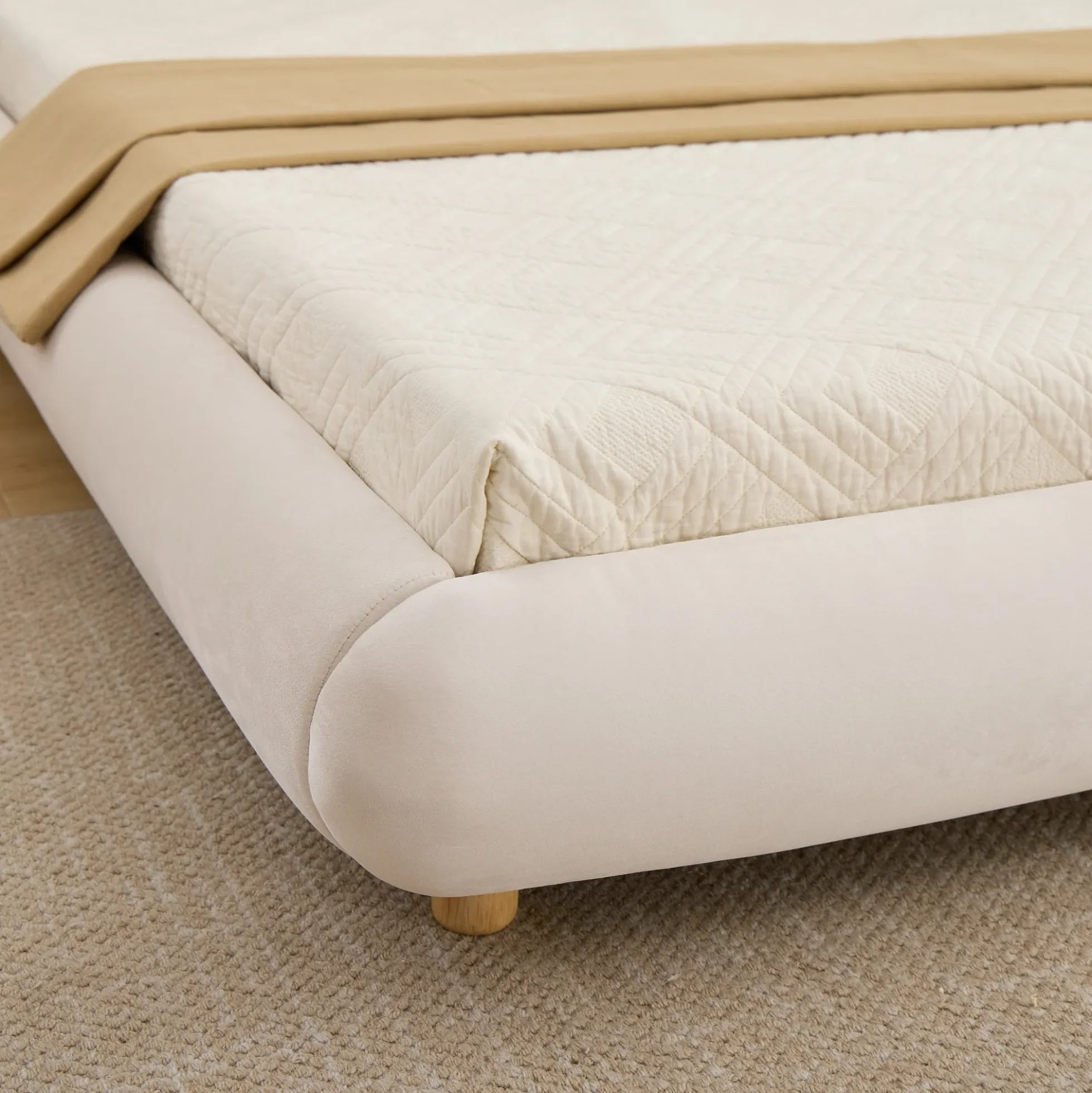 Modern Curved Upholstered Low Profile Platform King Size Bed