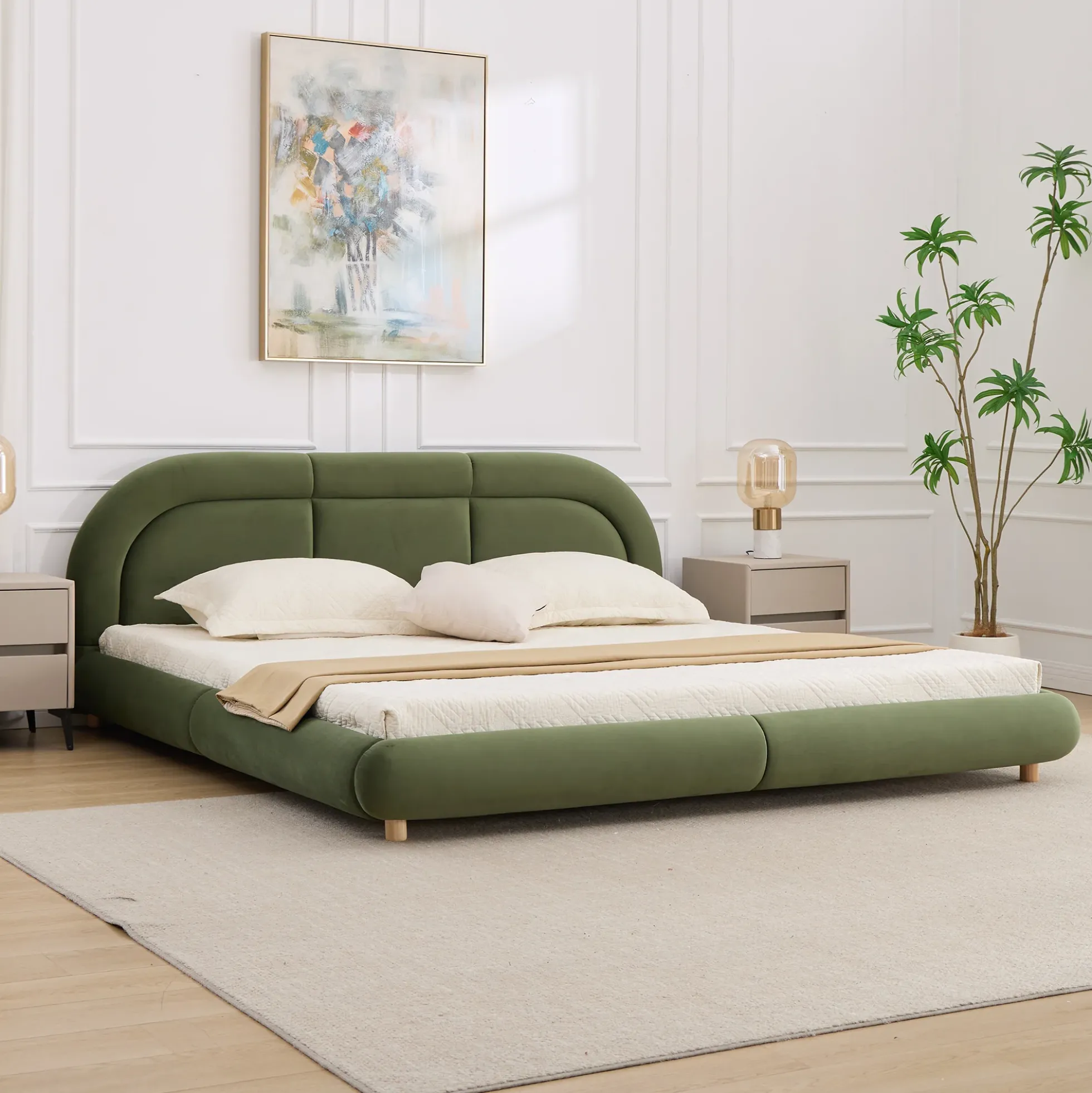 Modern Curved Upholstered Low Profile Platform King Size Bed