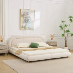 Modern Curved Upholstered Low Profile Platform King Size Bed