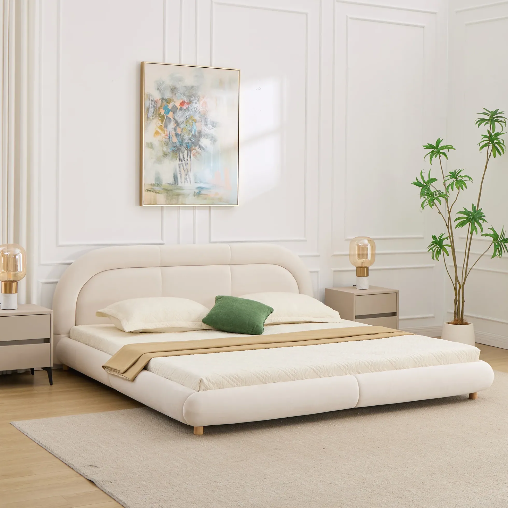 Modern Curved Upholstered Low Profile Platform King Size Bed