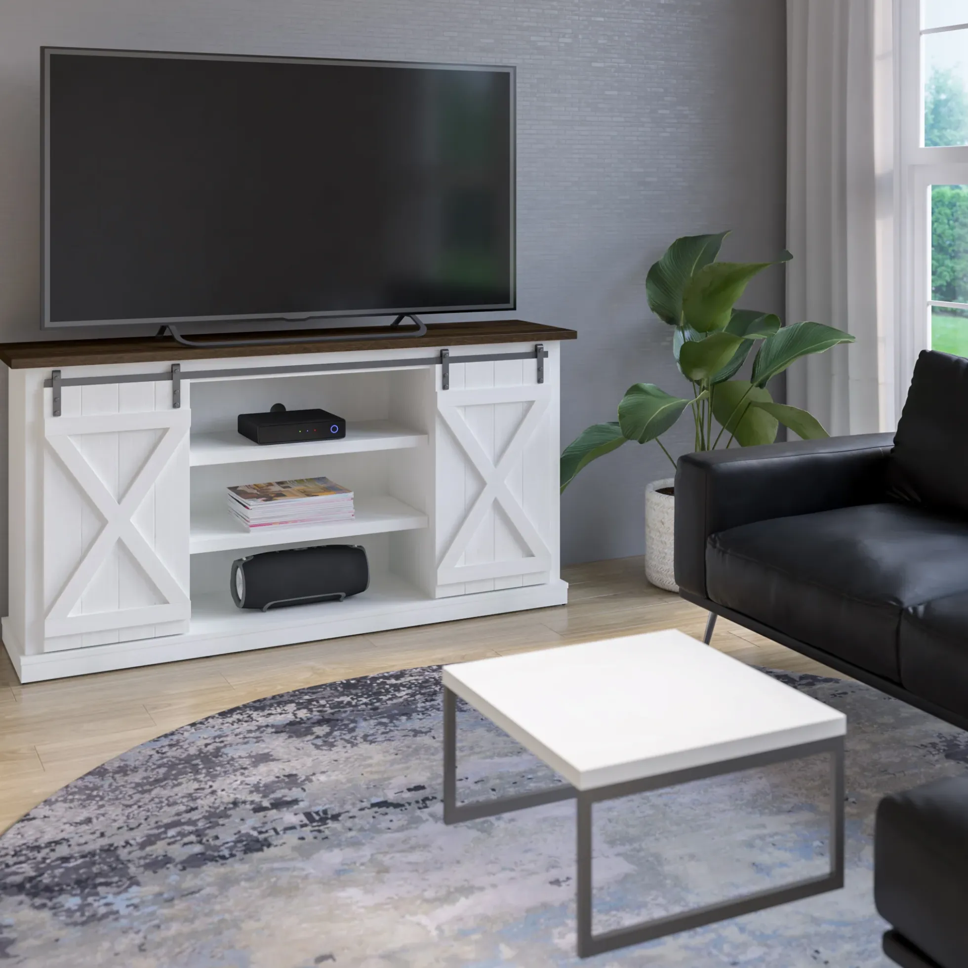 Modern Farmhouse TV Stand with Sliding Barn Doors for TVs up to 70"