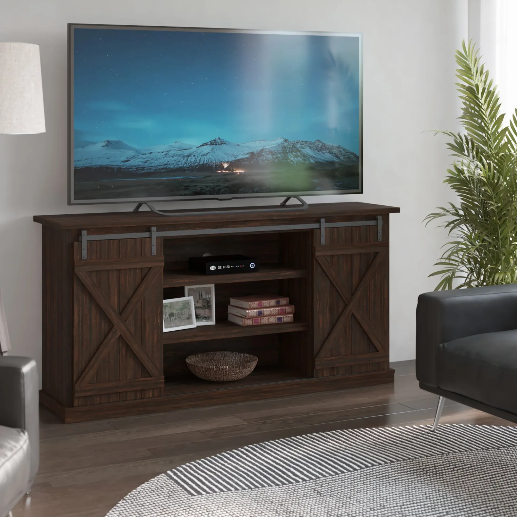 Modern Farmhouse TV Stand with Sliding Barn Doors for TVs up to 70"