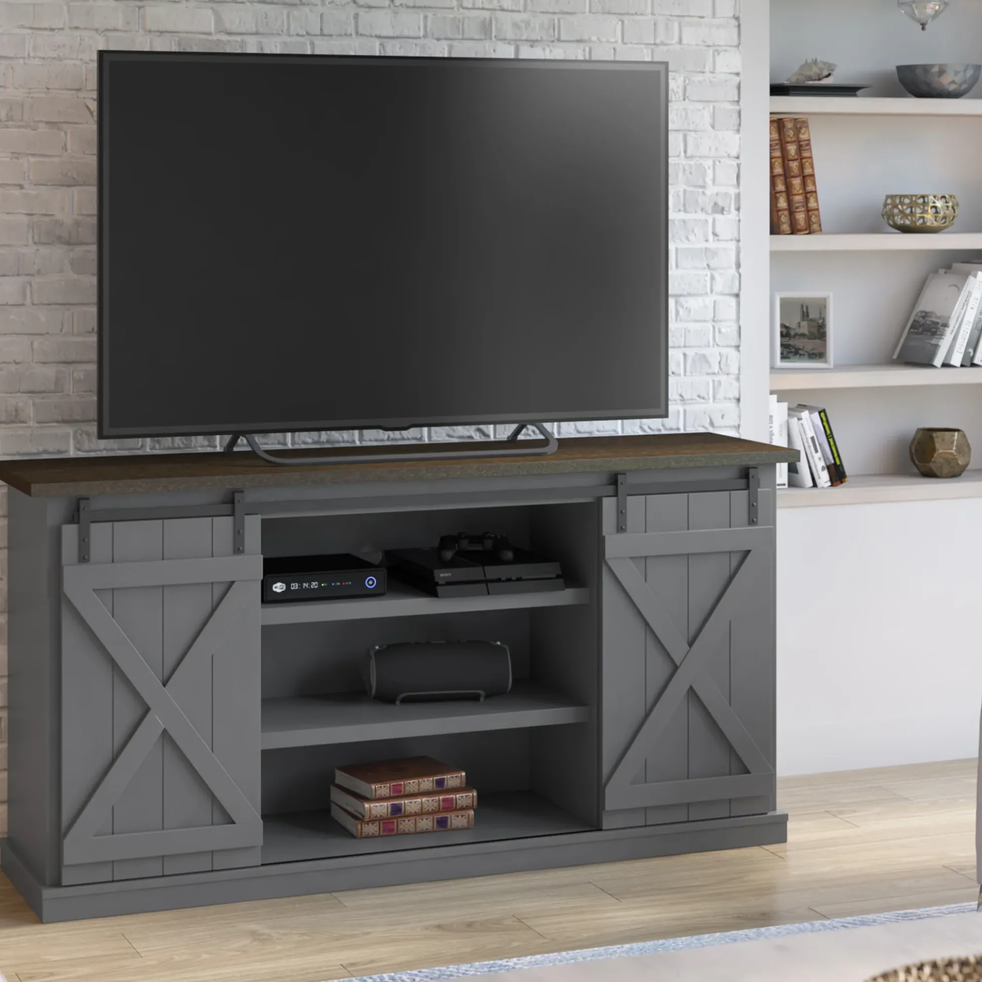 Modern Farmhouse TV Stand with Sliding Barn Doors for TVs up to 70"