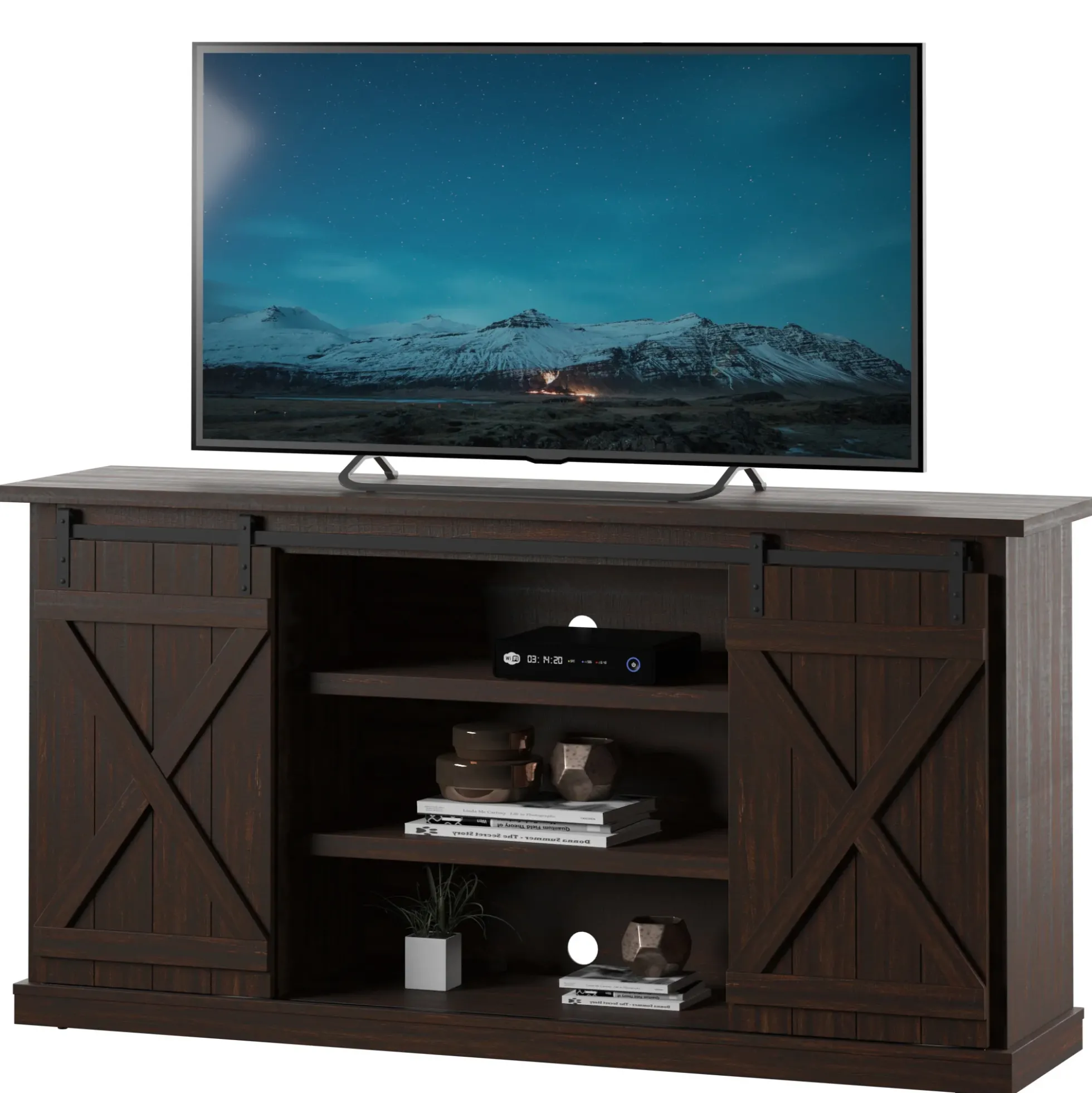 Modern Farmhouse TV Stand with Sliding Barn Doors for TVs up to 70"