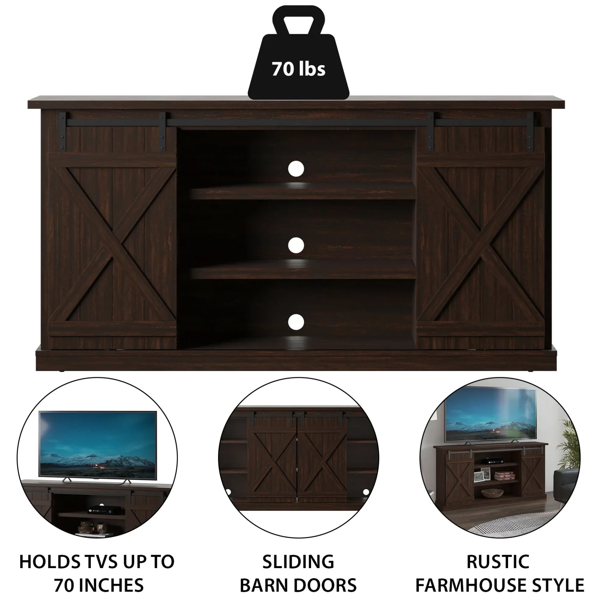 Modern Farmhouse TV Stand with Sliding Barn Doors for TVs up to 70"
