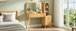 Modern Fluted Makeup Vanity Desk with Storage & Charging Station
