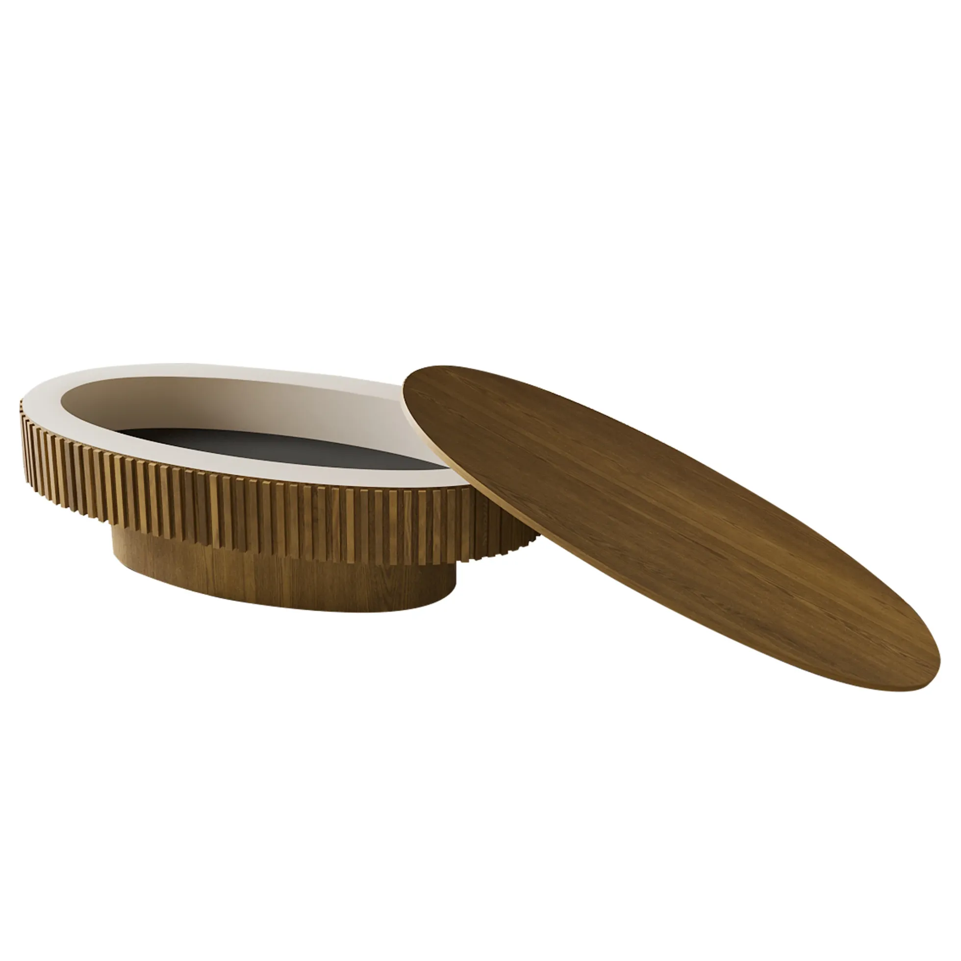 Modern Fluted Oval Solid Wood Veneered Coffee Table with Storage