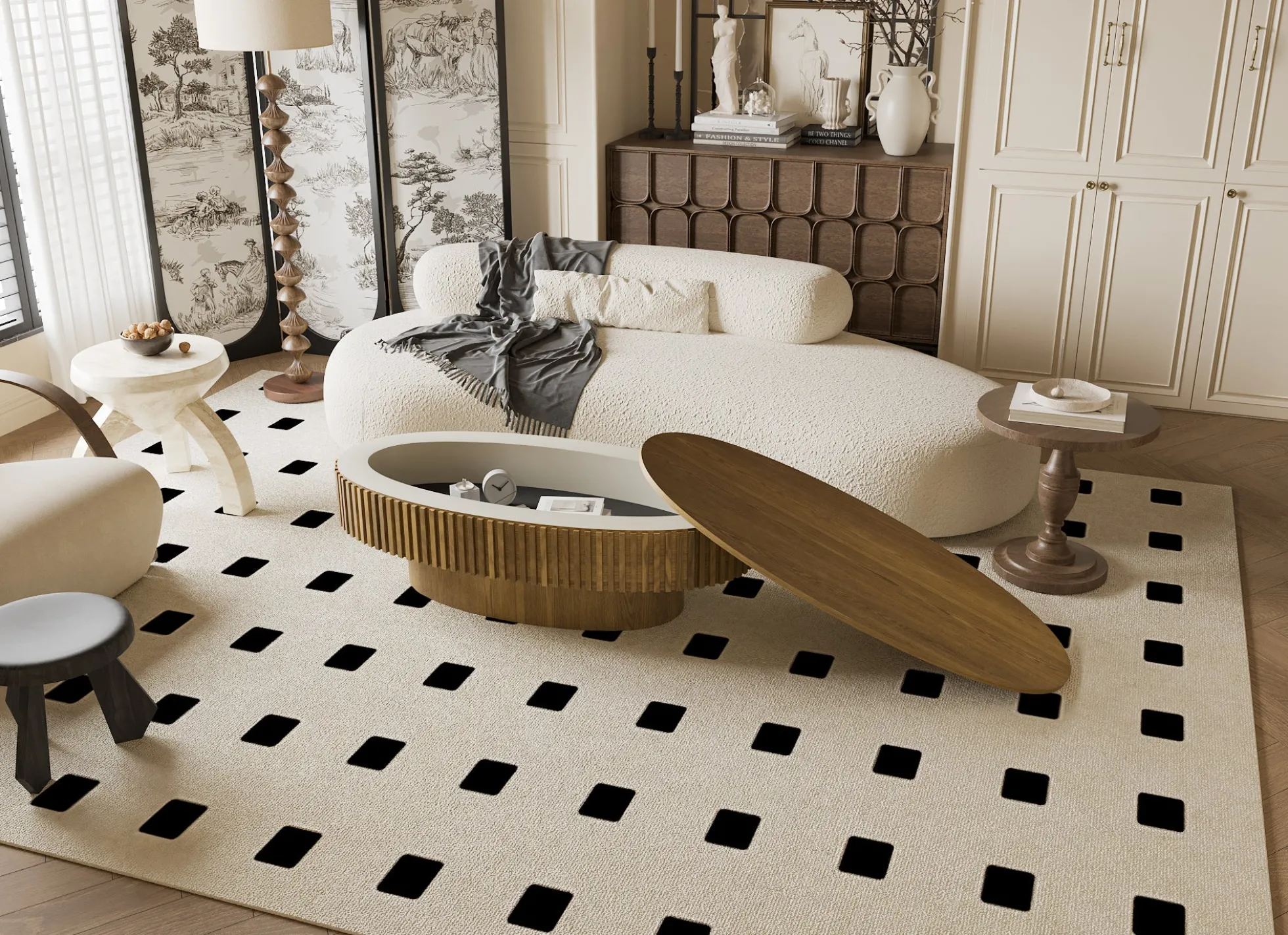 Modern Fluted Oval Solid Wood Veneered Coffee Table with Storage