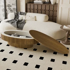 Modern Fluted Oval Solid Wood Veneered Coffee Table with Storage