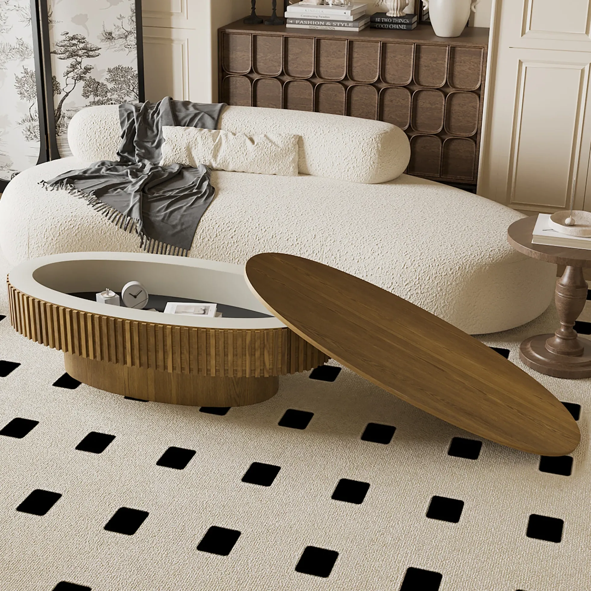 Modern Fluted Oval Solid Wood Veneered Coffee Table with Storage