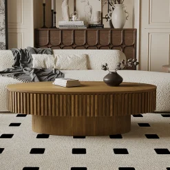 Modern Fluted Oval Solid Wood Veneered Coffee Table with Storage