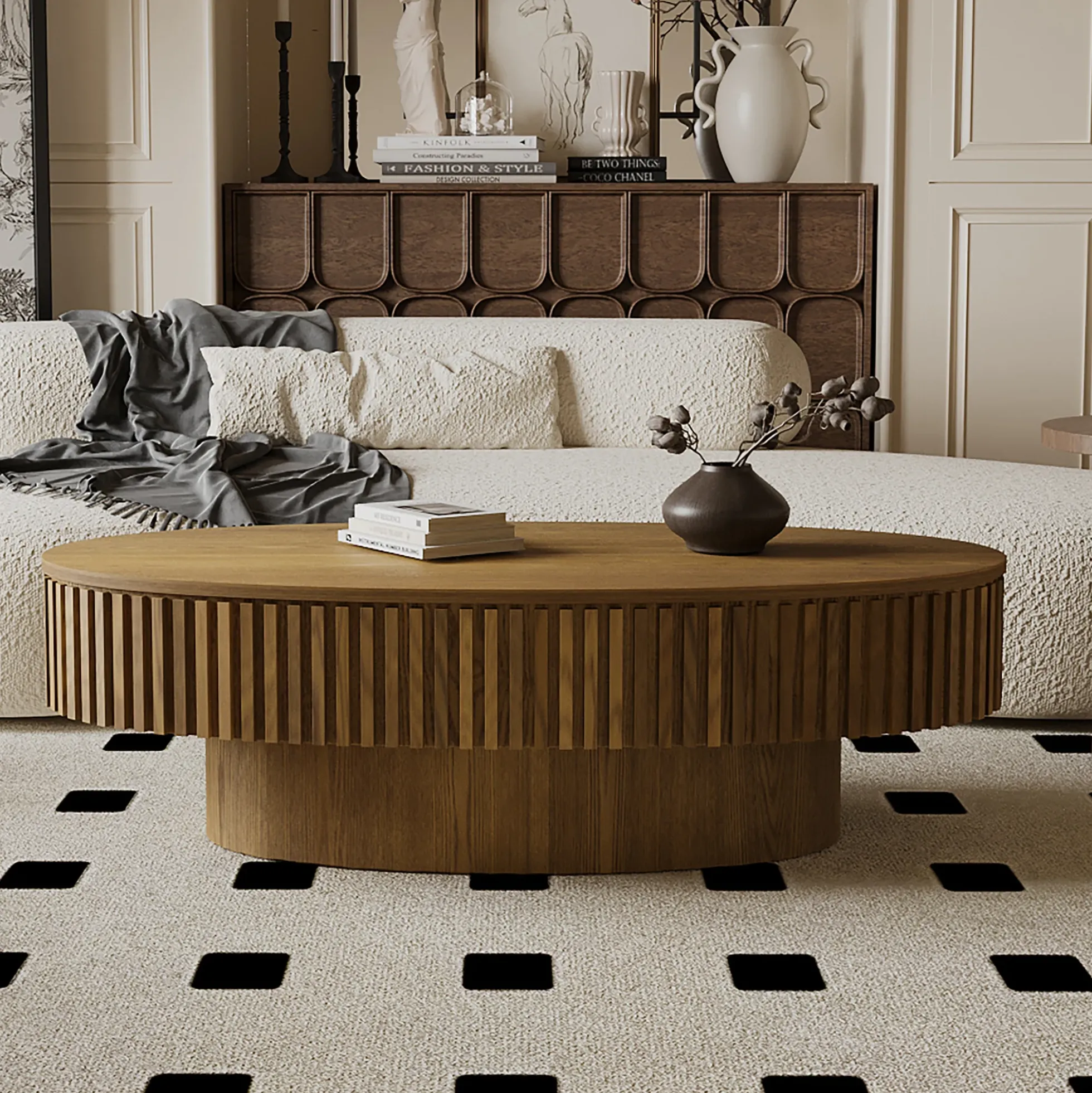 Modern Fluted Oval Solid Wood Veneered Coffee Table with Storage