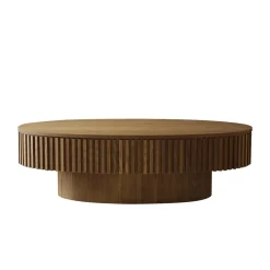 Modern Fluted Oval Solid Wood Veneered Coffee Table with Storage