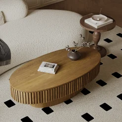 Modern Fluted Oval Solid Wood Veneered Coffee Table with Storage